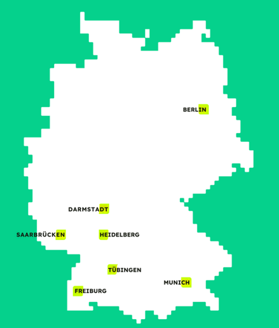 Stylized pixelated map of Germany with a white silhouette against a green background, highlighting eight university cities including Berlin, Darmstadt, Heidelberg, Saarbrücken, Tübingen, Freiburg, and München marked with yellow labels.